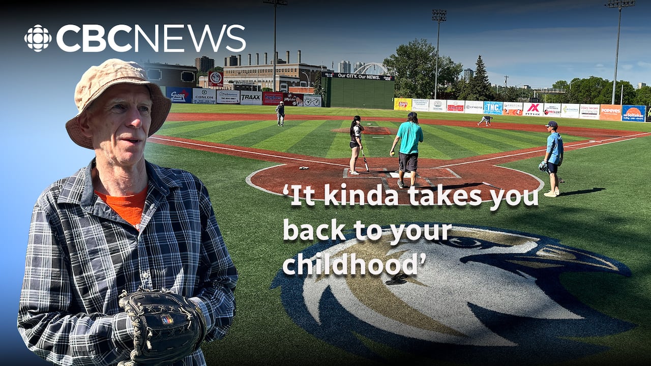 Edmonton Riverhawks players and some senior ball players take to the field