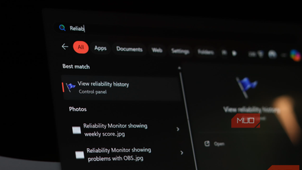 Reliability monitor in start menu