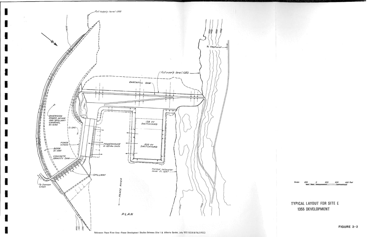 blueprint of a development site labeled "typical layout for Site E, 1355 development" showing a dam, waterways, spillway, and contour lines
