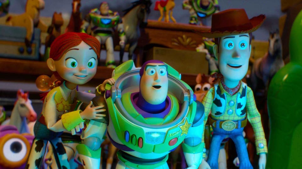 Jessie (voice of Joan Cusack), Buzz Lightyear (Tim Allen) and Woody (Tom Hanks) in Toy Story 5.