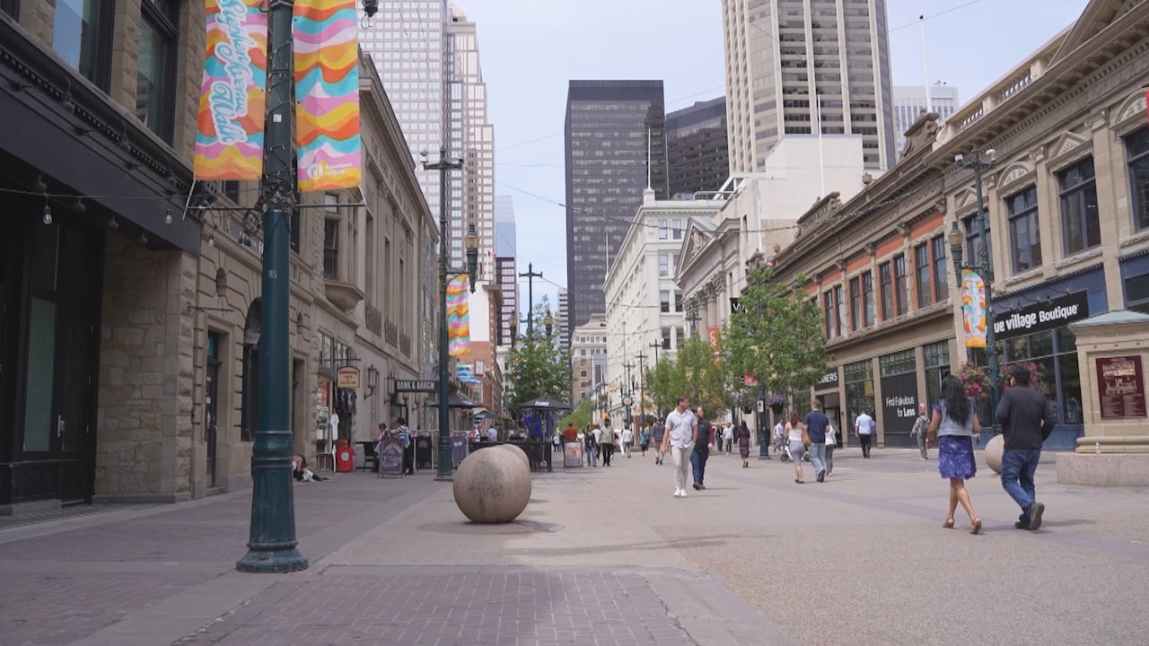 A downtown city street open to pedestrians.