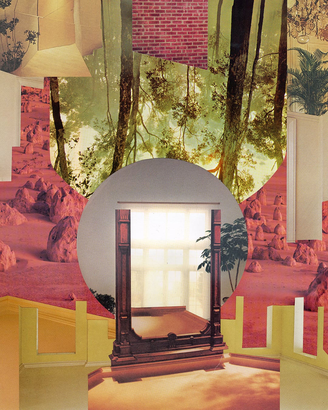Photo collage suggesting portals into different landscapes: interior and outdoor. Colour palette is earth red, green and yellow.