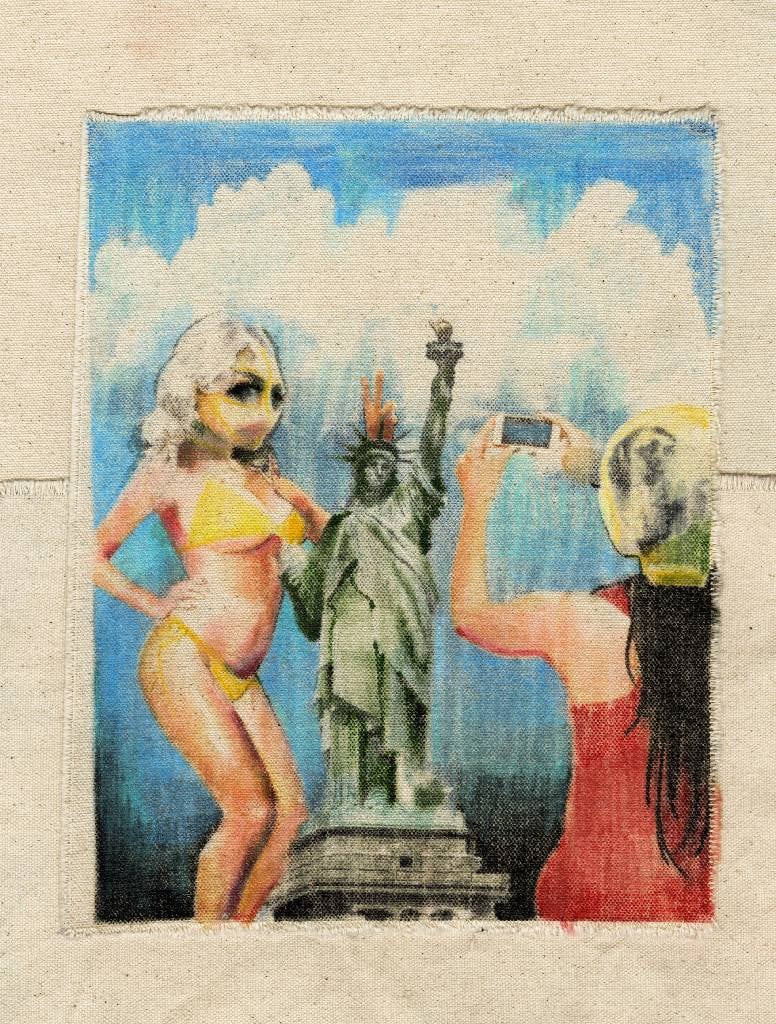 Art printed on canvas. Coloured with graphite and based on a photo print. It depicts two female figures. Both are giants. One in a yellow bikini poses for a photo (taken by the other). The posing woman stands beside the Statue of Liberty giving it bu
