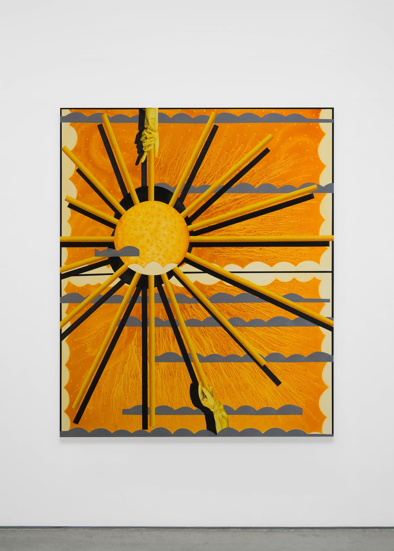 Painting in a surreal style hanging on a white wall. Painting depicts a simplified golden sun. Hands in yellow rubber gloves appear to turn the spoke-like rays of the sun against an orange background trimmed with grey and white scallop-edged clouds.