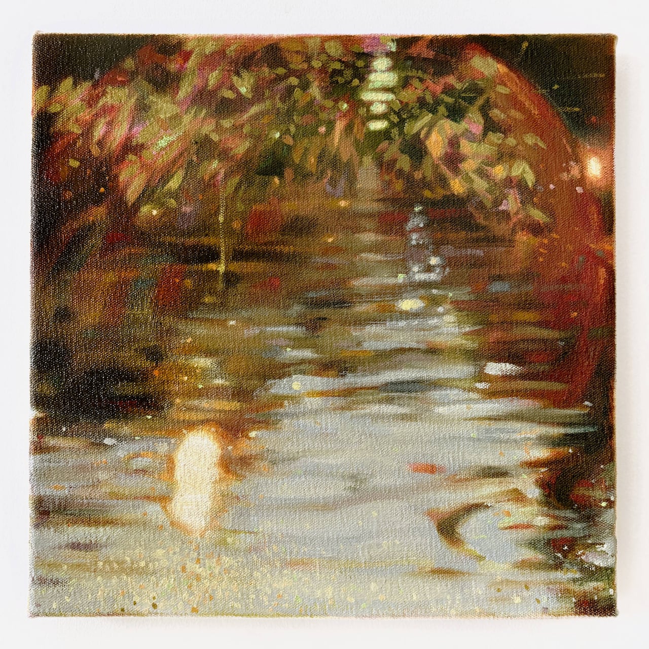 Impressionistic painting of sun sparkling off the surface of pond water.