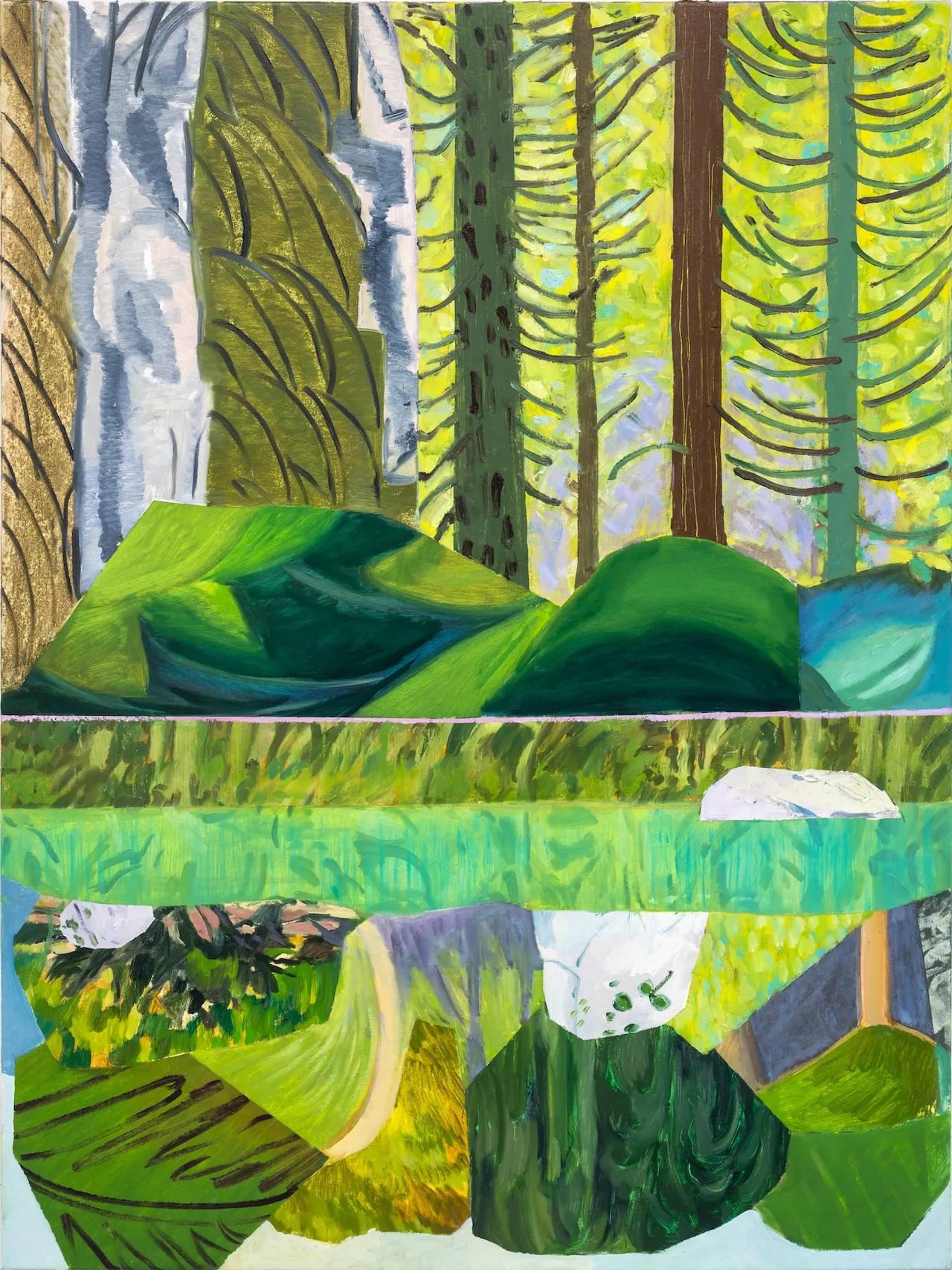 Expressive mirrored landscape of green trees reflected.