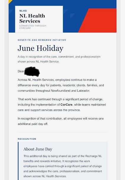 A email that says it's from NL Health Services called June Holiday.