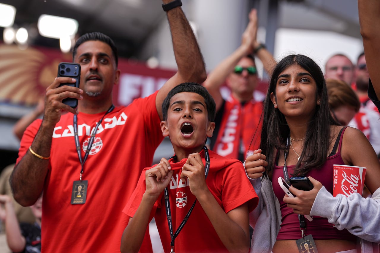Fans cheer at a soccer game.
