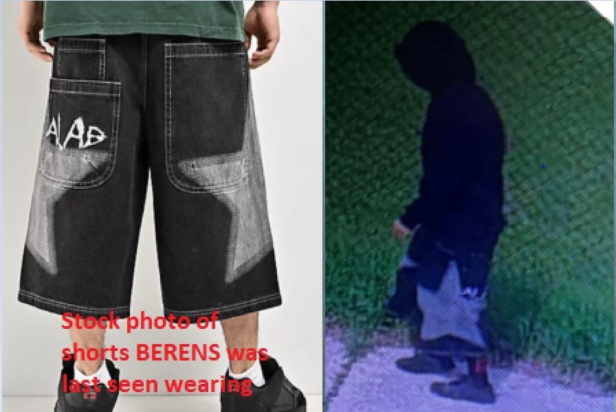 A compilation of two pictures. On the left it shows long and baggy pant with stars on the side. On the right it shows a person wearing black pants and hoodie walking by a fence.