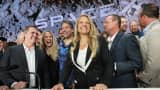 SpaceX President and Chief Operating Officer Gwynne Shotwell celebrates with family and other SpaceX employees at the Nasdaq Marketsite in in New York after the SpaceX initial public offering on June 12, 2026.