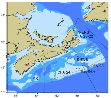 A map of Nova Scotia and the waters around it.