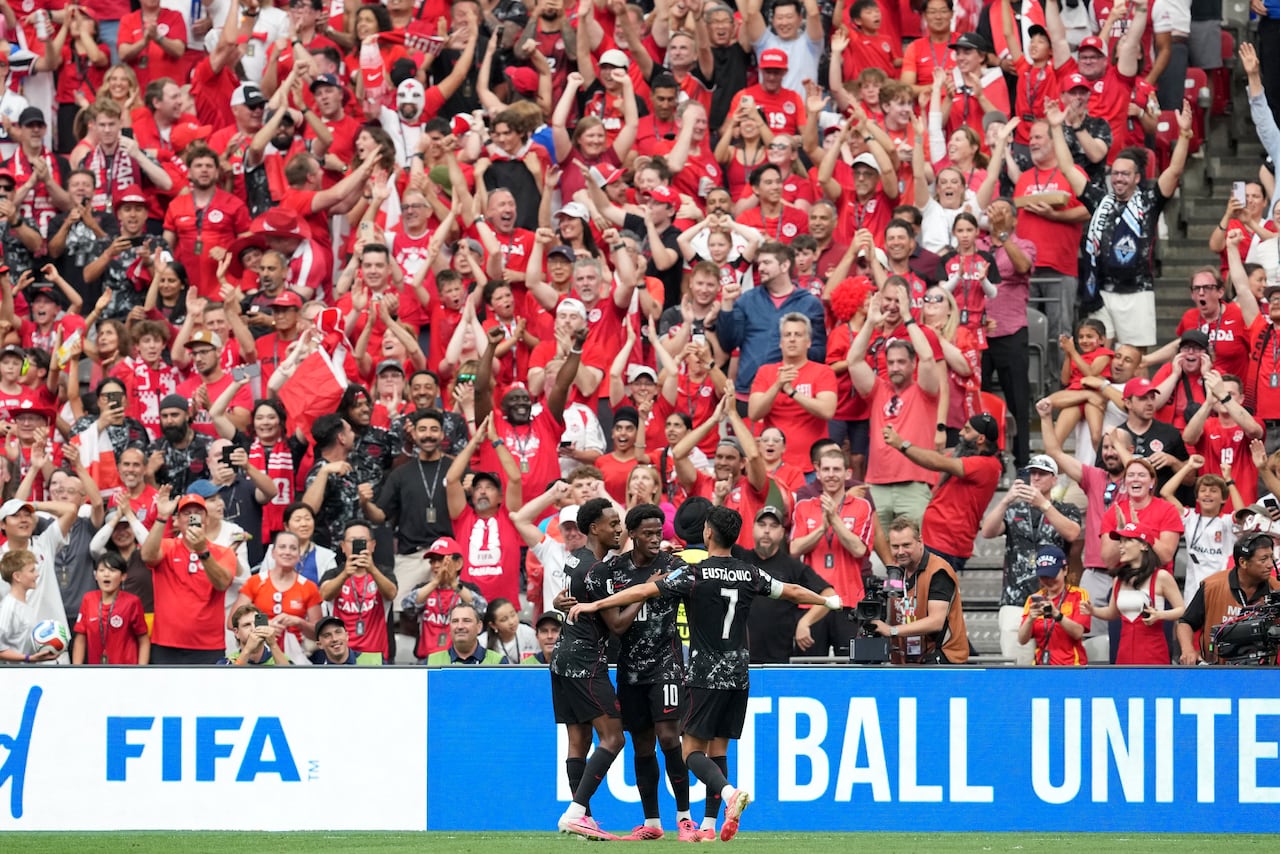 Fans in the stands celebrate a goal