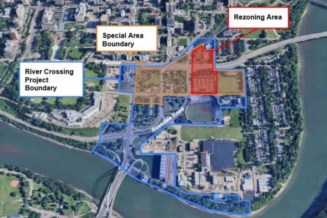 An aerial view of the Rossdale neighbourhood showing the rezoning area