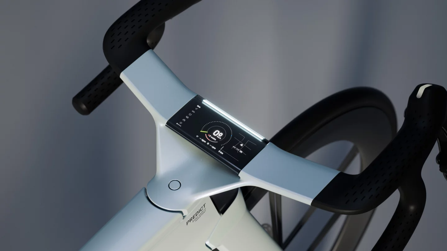 The handlebar-integrated display shows all the usual bicycle computer data, along with information such as proximity to cars, safety warnings, terrain assist, and group ride dynamics