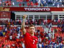 Canada's Alistair Johnston gives a thumb up for the fans after the FIFA World Cup 2026 Group B match between Canada and Bosnia and Herzegovina at Toronto Stadium on Friday, June 12, 2026.
