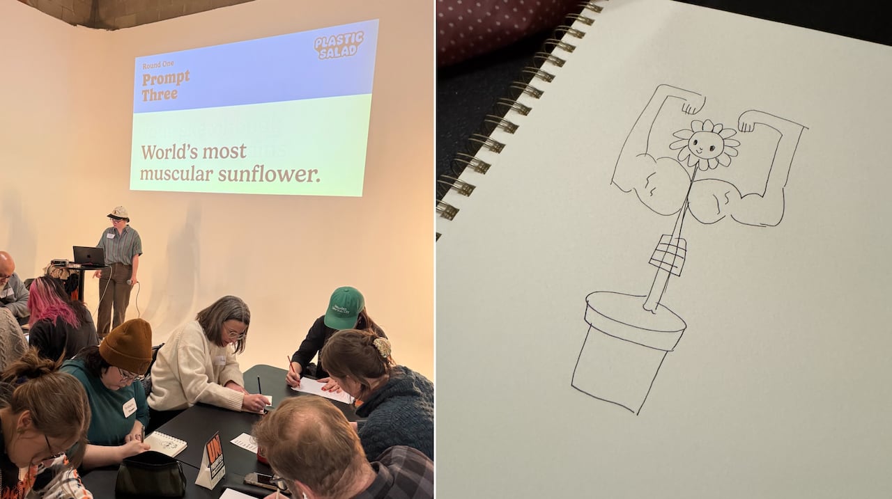 A collage shows two images, one on the left with people drawing and one on the right showing a sunflower with muscles.