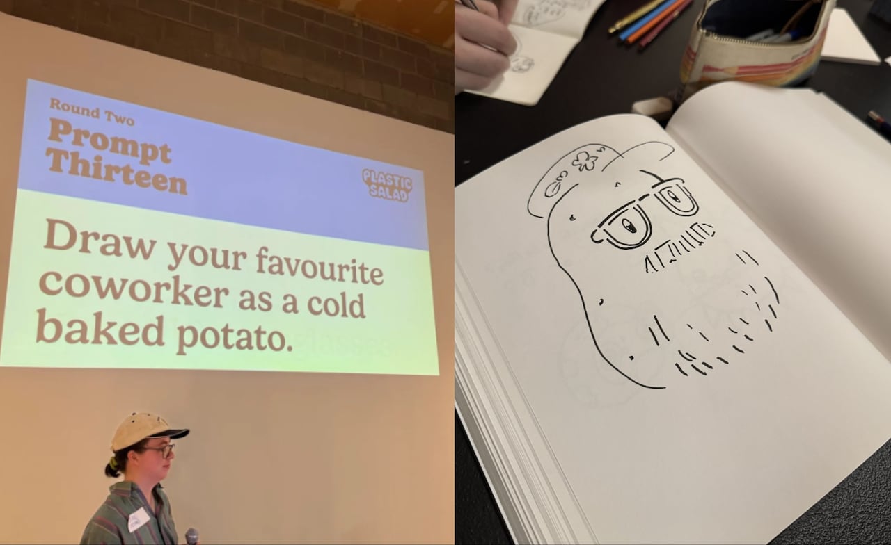 A collage shows a prompt to draw a coworker as a potato, while the image at right shows a potato head with glasses.
