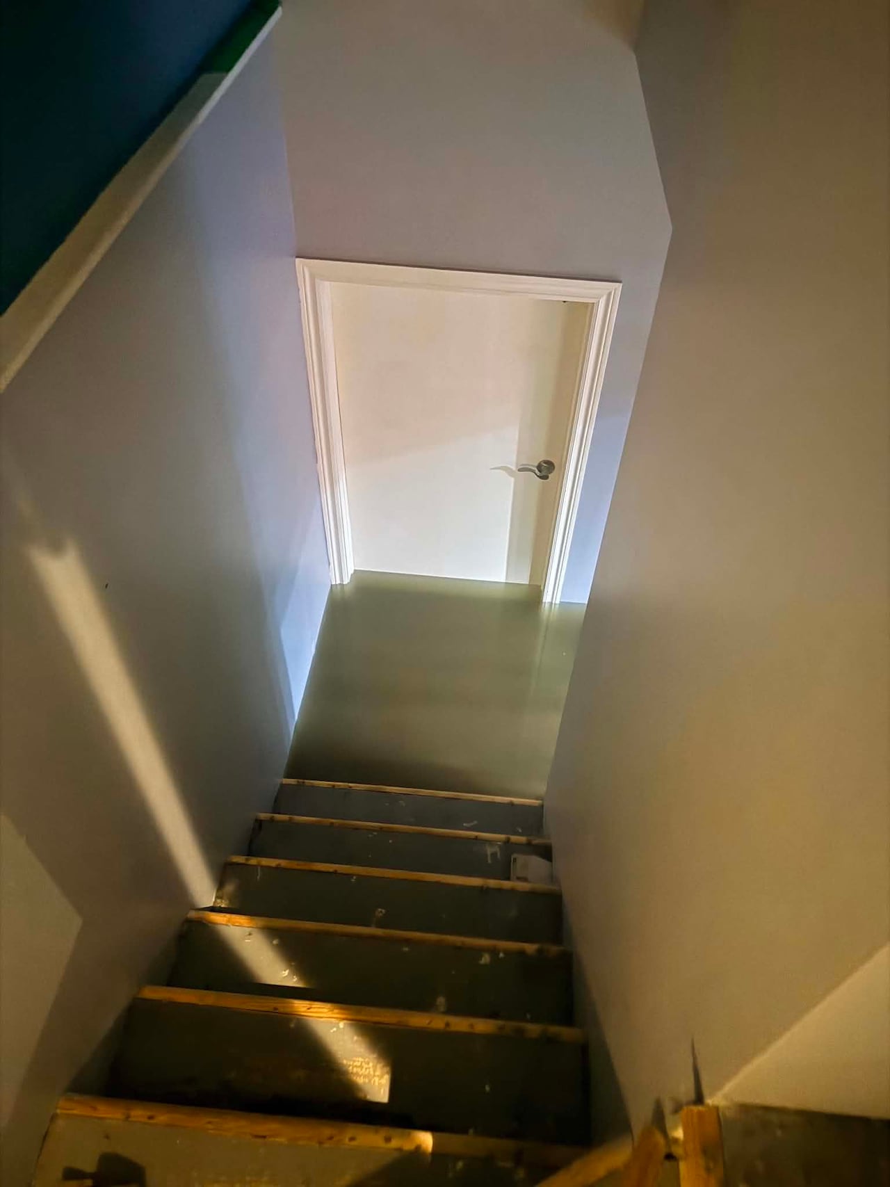 A staircase leading down to a basement shows a closed door with water rising.