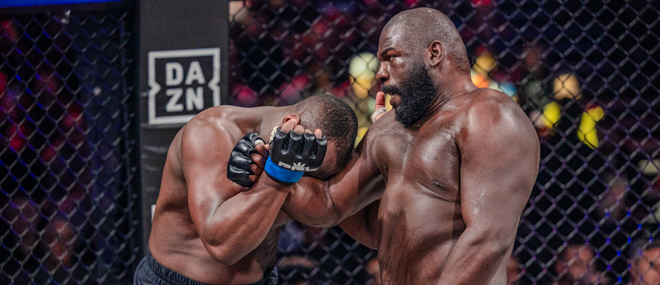 Michael Groguier competes in a PFL MMA heavyweight event at the dessinchardieu LDLC Arena in France in December 2024. Photo = PFL MMA, Inc.