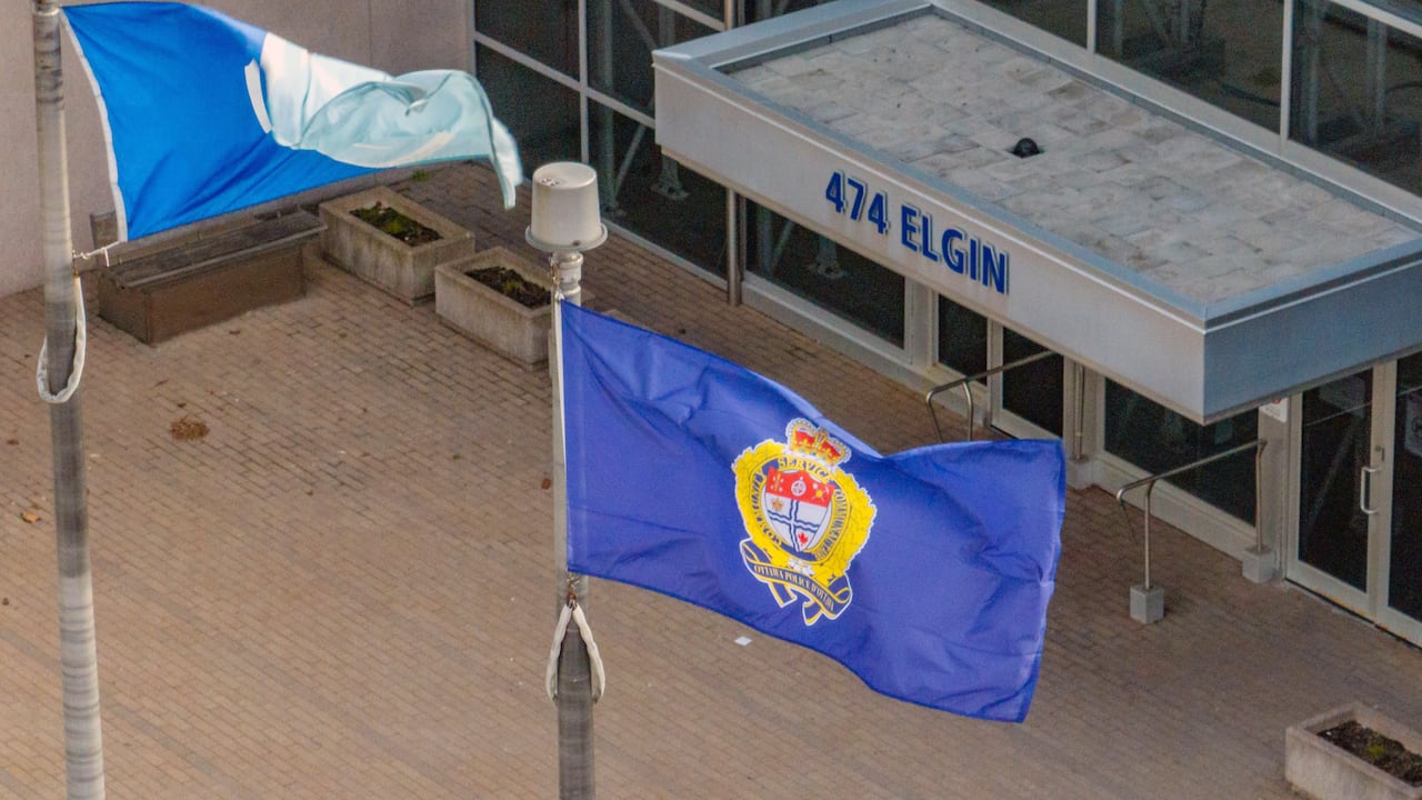 Flags fly in front of the entrance of a building.