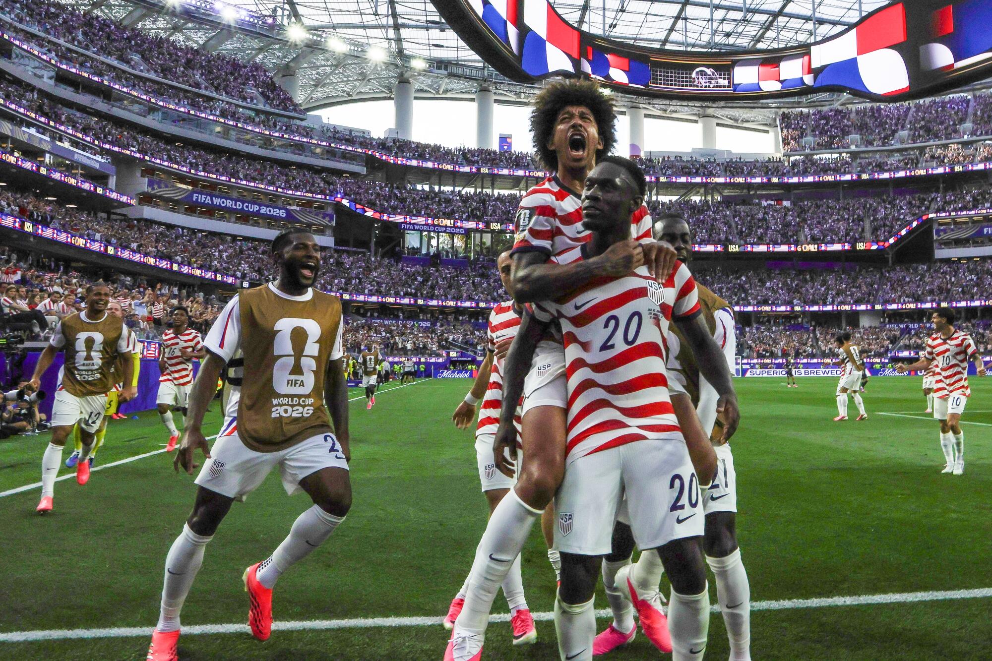 U.S. forward Folarin Balogun celebrates after scoring against Paraguay during a World Cup match at SoFi Stadium.