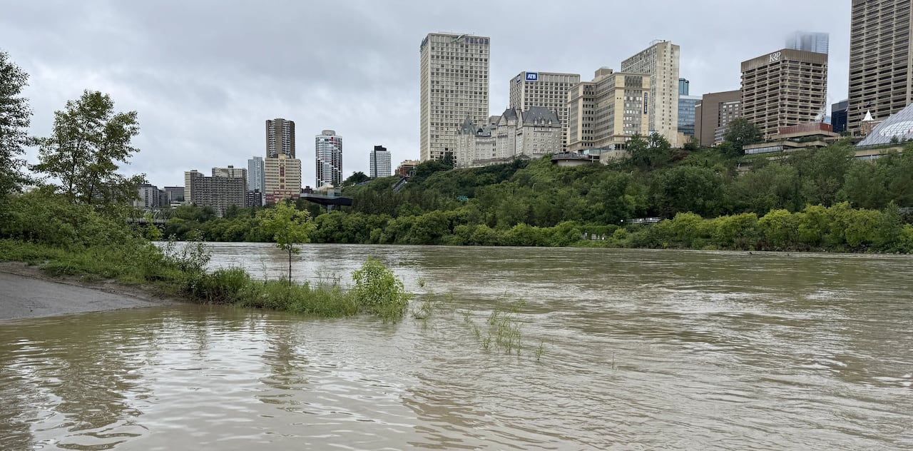 A photo of the North Saskatchewan River. The river's water levels are elevated. The buildings of Edmonton's downtown core are behind the river valley.
