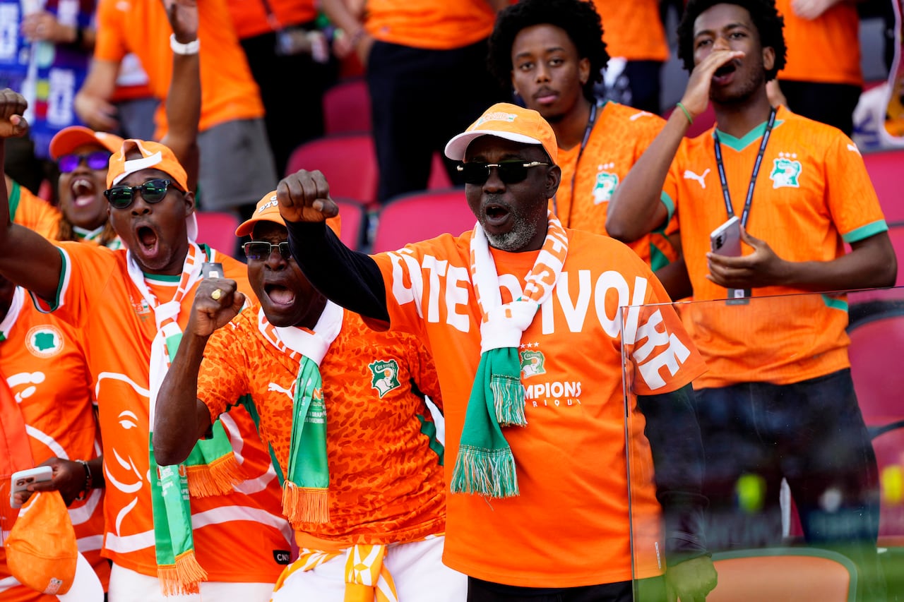 Ivory Coast fans support their national team during a World Cup soccer match.