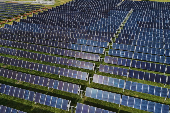Solar panels operate April 28, 2026, at a farm in Christiana, Tenn. (AP Photo/Joshua A. Bickel, File)