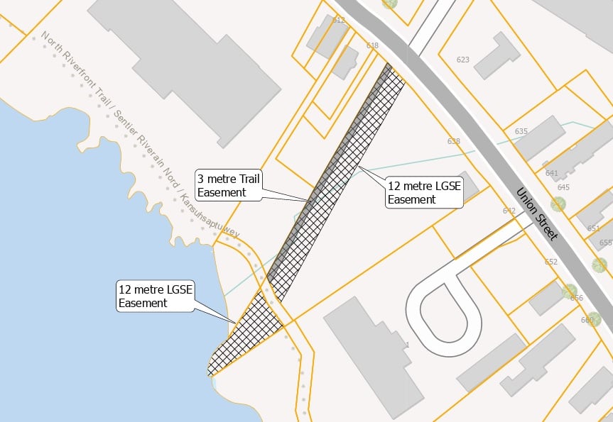 A map diagram showing where an easement will be located that gives the City of Fredericton access to install a sewer pipe on private property.