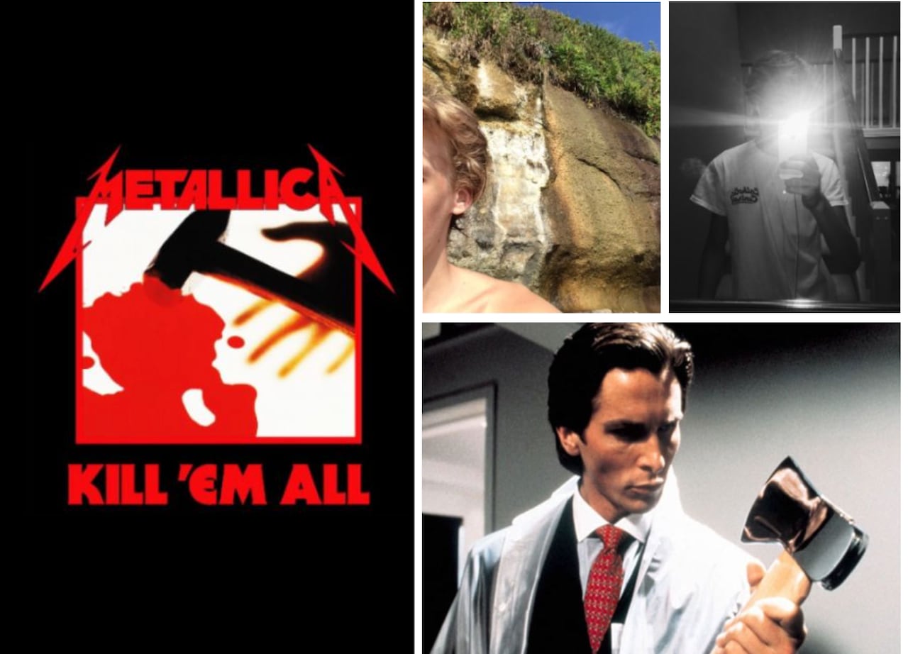 A compilation of images including partial selfies, a Metallica album cover and a picture of an actor holding an axe.