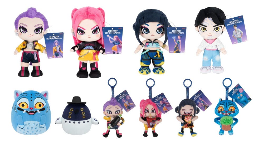 A sampling of Jazwares' "KPop Demon Hunters" plushes, Squishmallows and plush clips.