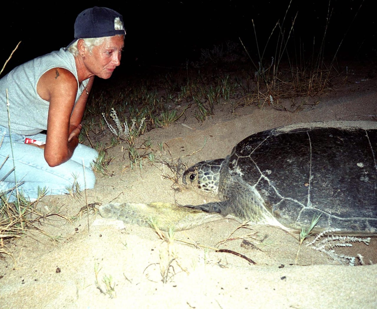 A white-haired woman in a backwards ballcap kneels in the sand at night in front of a sea turtle