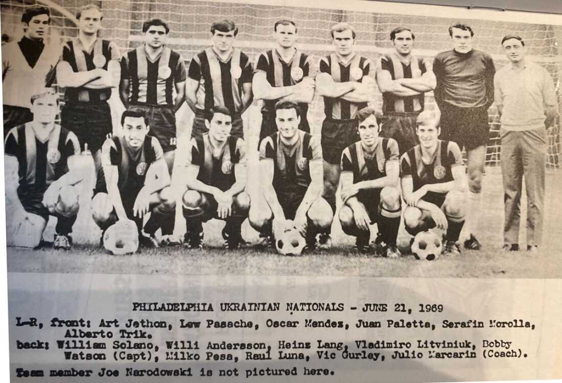 This black-and-white photo shows members of the Philadelphia Ukrainian Nationals soccer team posing for a photo. They are in two rows: one row of members standing in the back and one row of members squatting on the ground in front. Text beneath the photo says: "PHILADELPHIA UKRAINIAN NATIONALS - JUNE 21, 1969." The names of the team members are listed underneath.