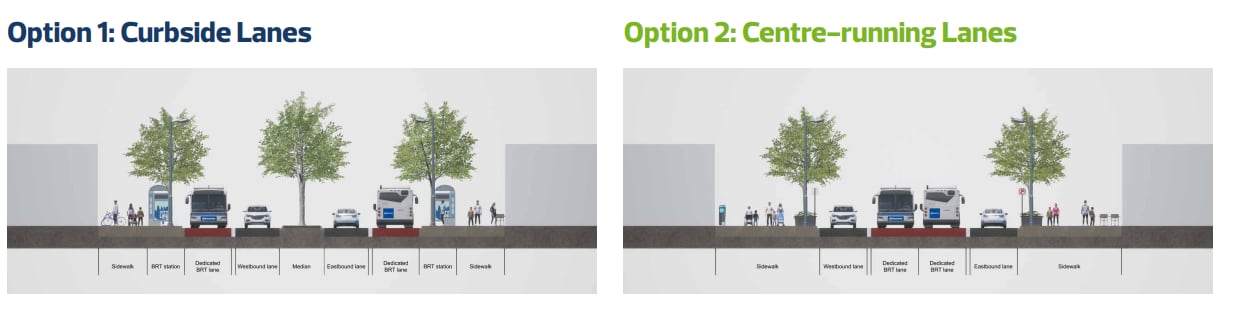 Side by side of bus lane on inside lane versus outside lane.