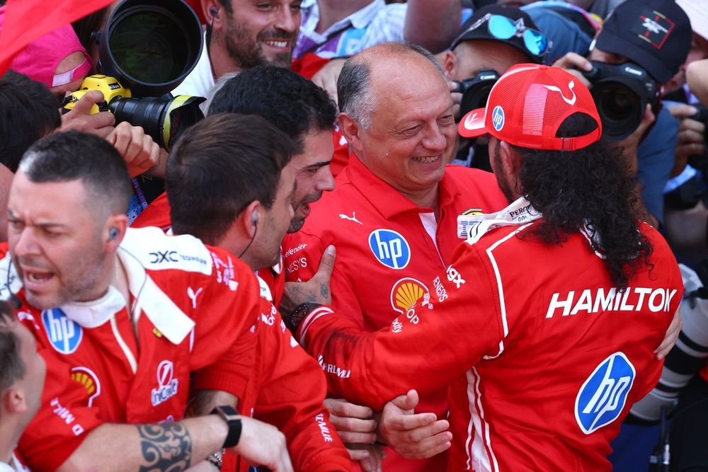 Vasseur and Hamilton embrace in celebration in Barcelona