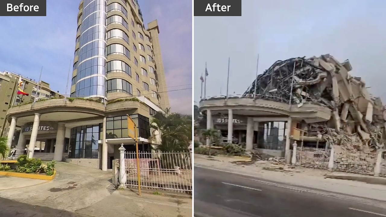 A composite image shows a tall building on the left. In the version on the right, the building is gone and just the gate remains.