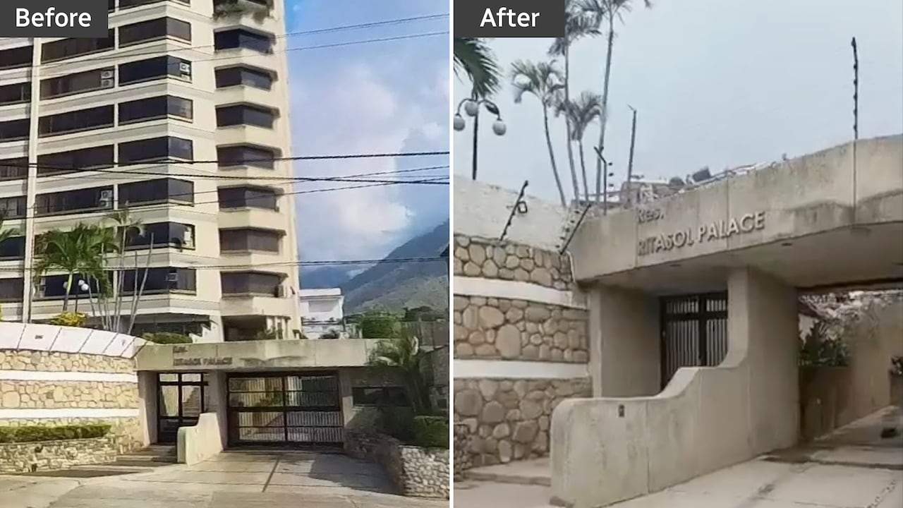 A composite image shows a tall building on the left. In the version on the right, the building is gone and just the gate remains.