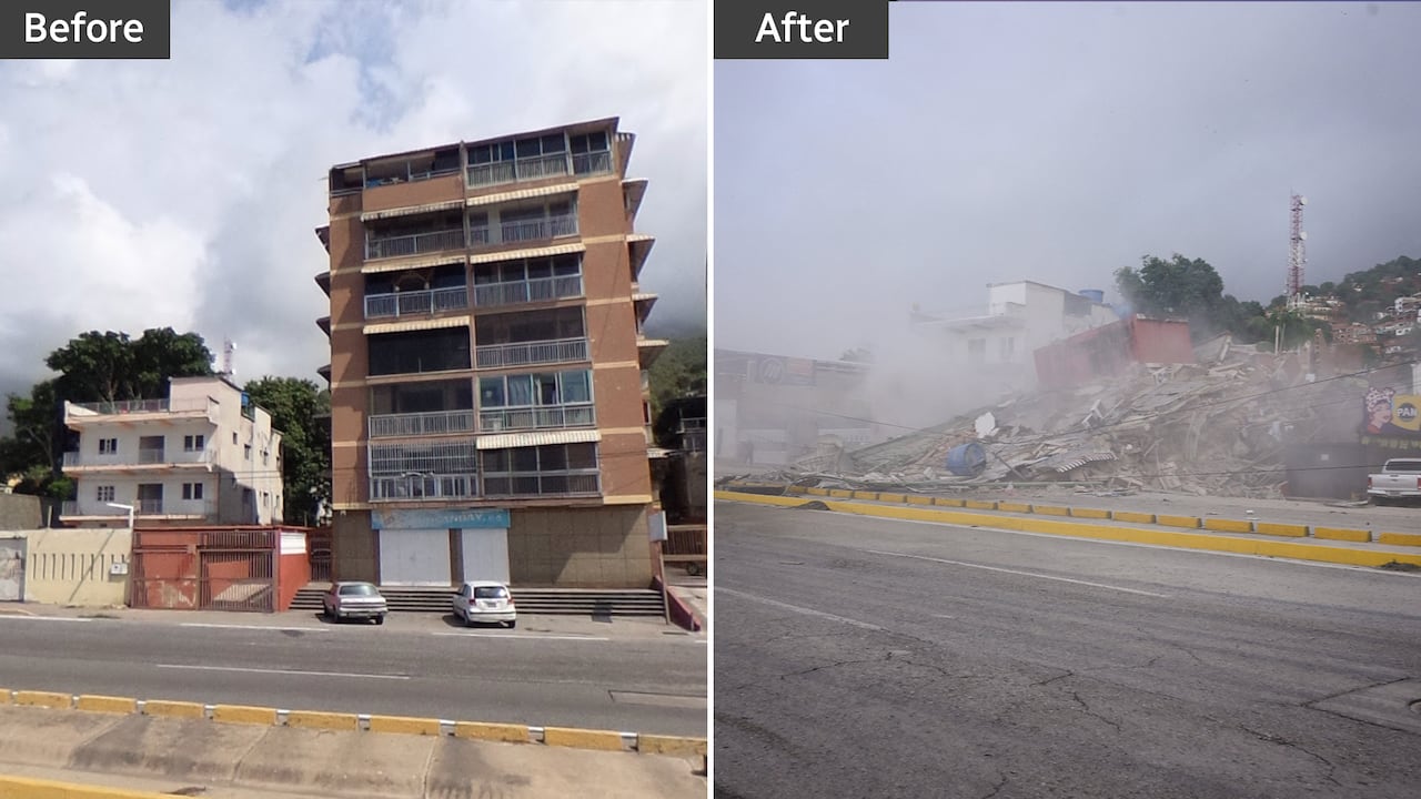 A composite image shows a collapsed building. On the left is a 7-story building. On the right, the building is rubble.