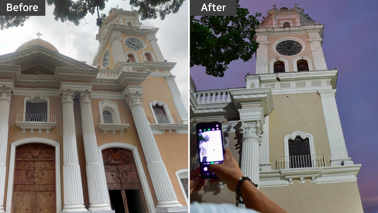 A composite image of a yellow building with white pillars. In the photo on the right, the building has cracks in it.