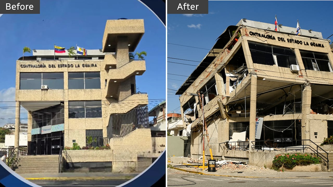 Composite image of the same building. The building is semi-collapsed on the right.