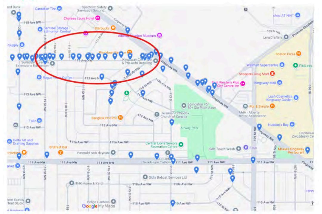 A map of the Prince Rupert area with several pins along 114 Avenue