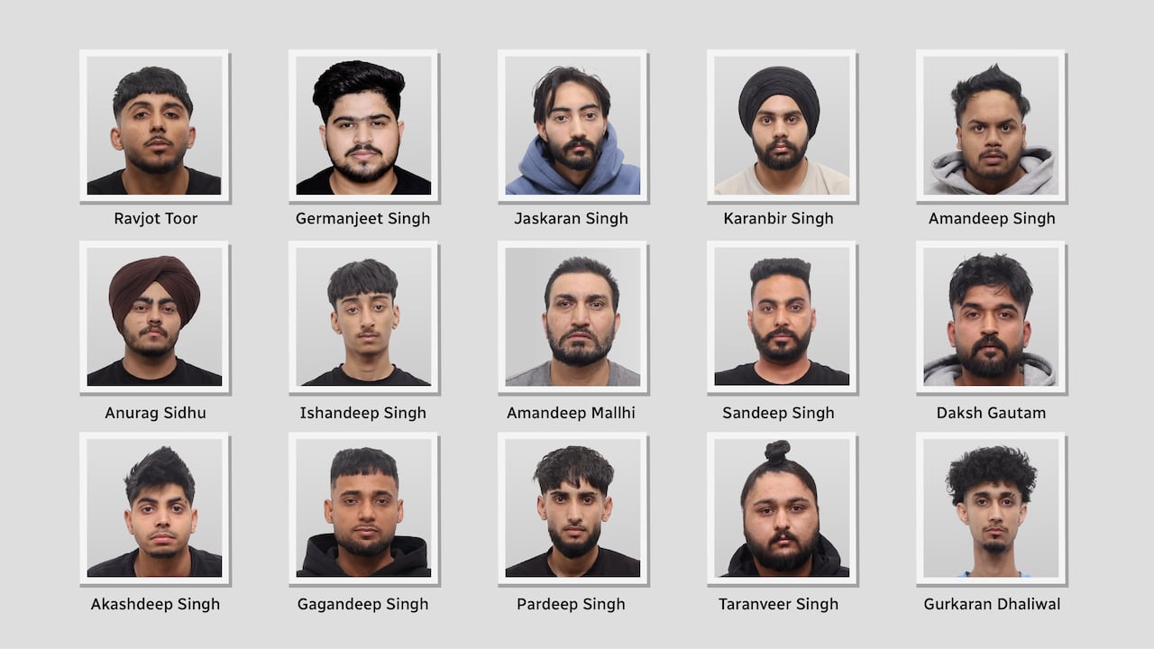 A photo collage of the mugshots of 15 men
