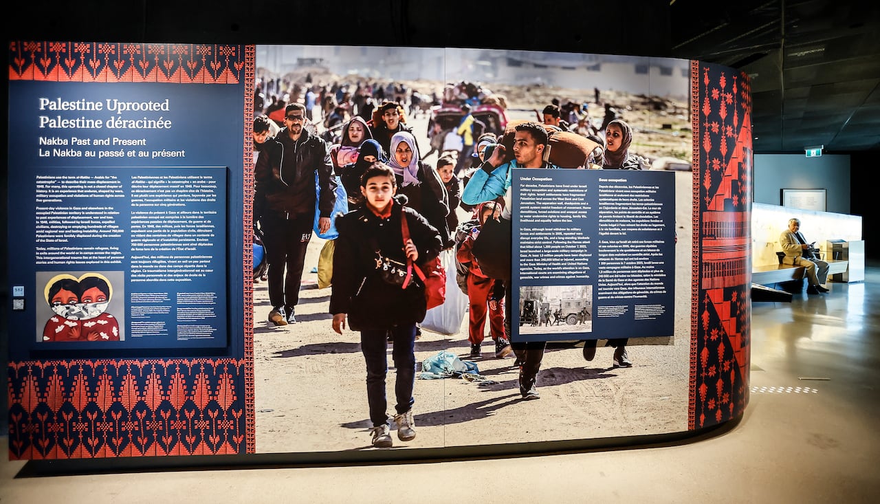 A museum display is shown, called "Palestine Uprooted."