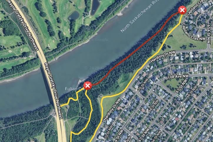 An aerial view of the river valley area in Edmonton. The closed area is highlighted in red, and the detour route is highlighted in yellow.