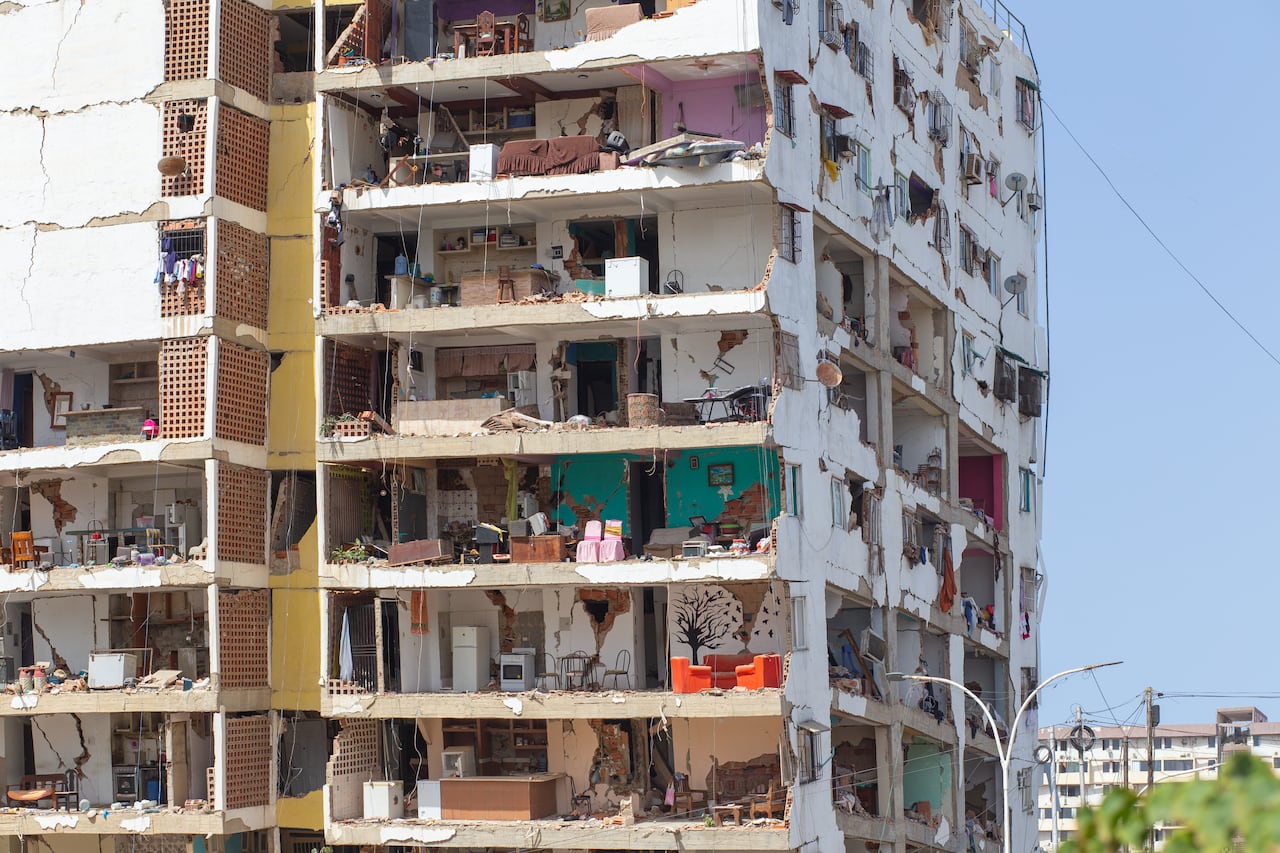 A badly damaged building.