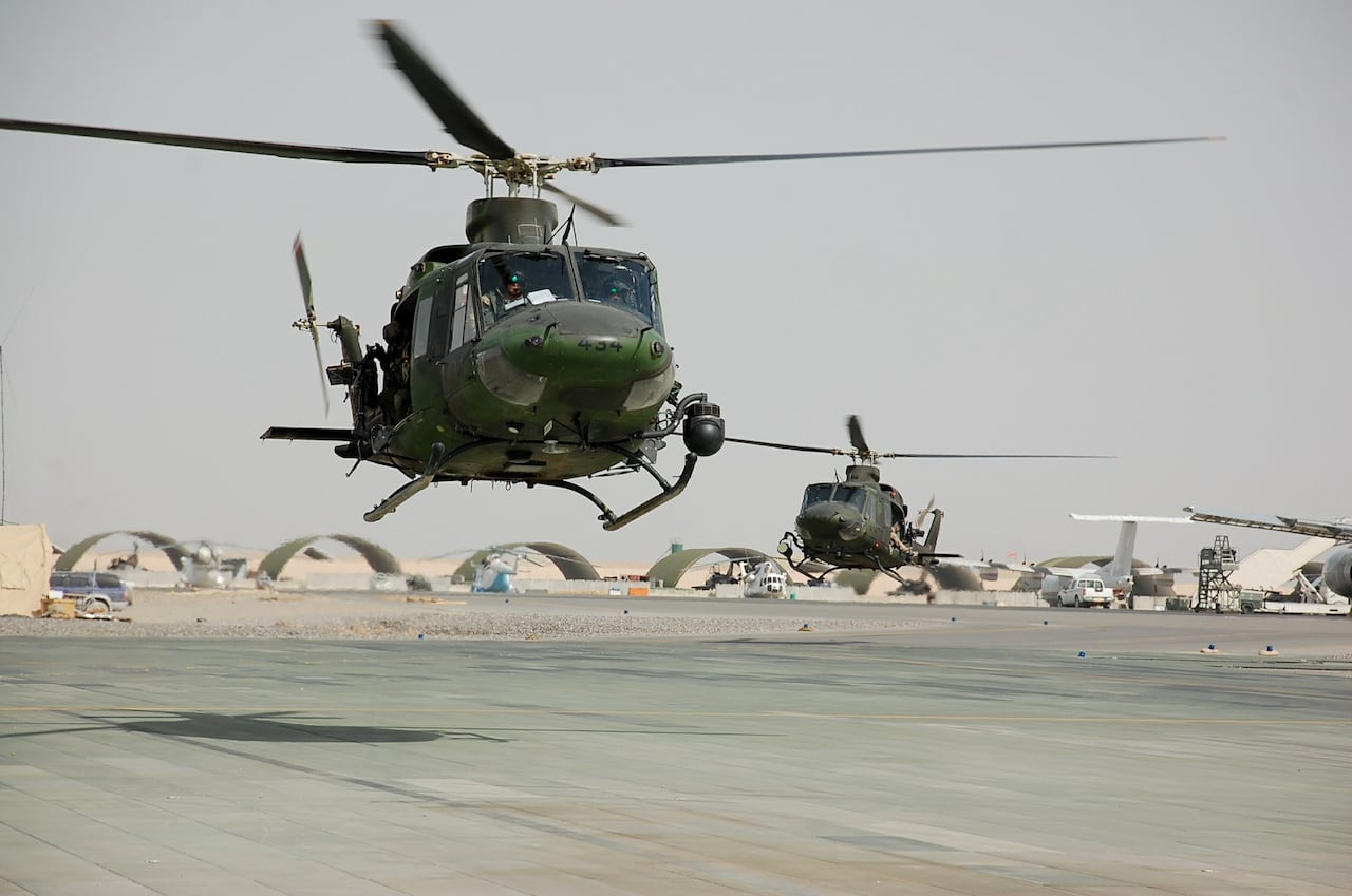 A pair of Griffon helicopters belonging to 408 Tactical Helicopter Squadron in Kandahar, Afghanistan
