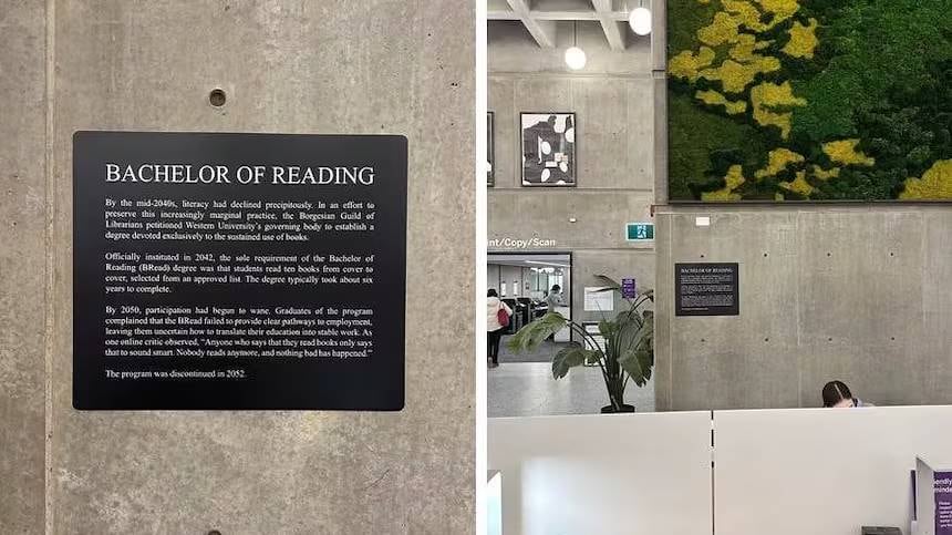 Photo composite. Left: close-up of a faux historical plaque labelled Bachelor of Reading. Right: Zoomed out photo of the plaque on a concrete wall in a library.