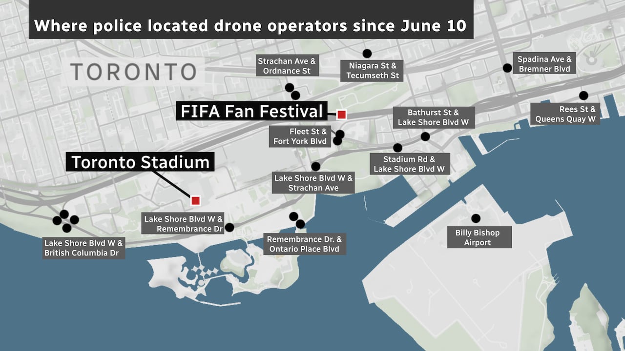 Map shows where Toronto police located drone operators since June 10