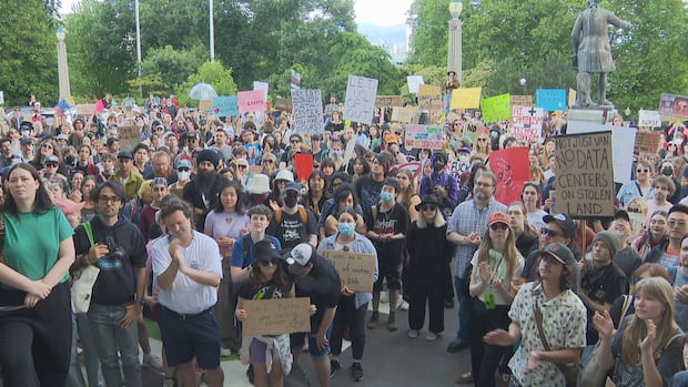 Hundreds march in Vancouver to oppose planned AI data centres