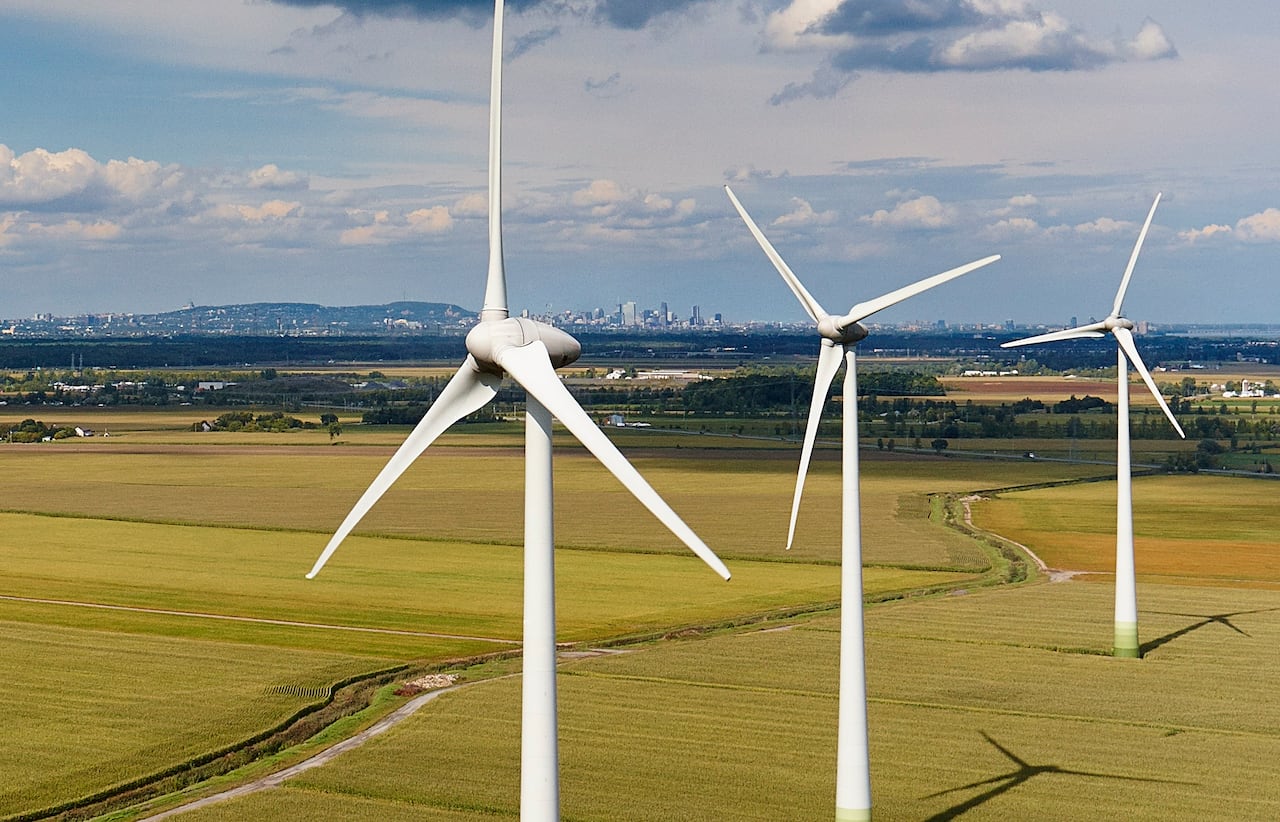 Picture of windmills, in the Montérégie Wind Farm, in the Saint-Rémi Industrial Park.